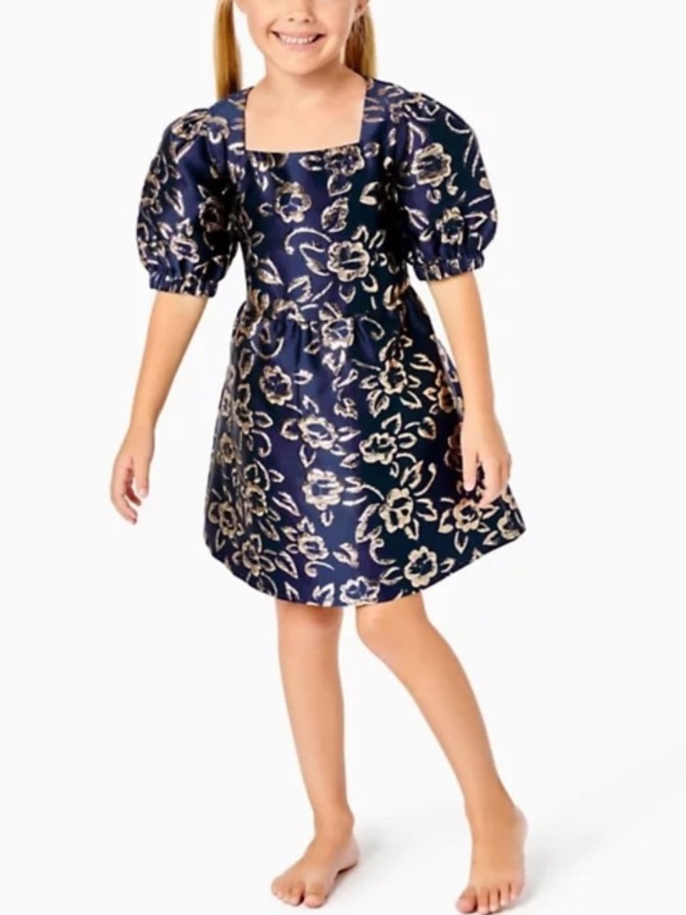 Lilly Pulitzer Girls Mini Kasslyn Dress Navy Gold Puff Floral Brocade size 5